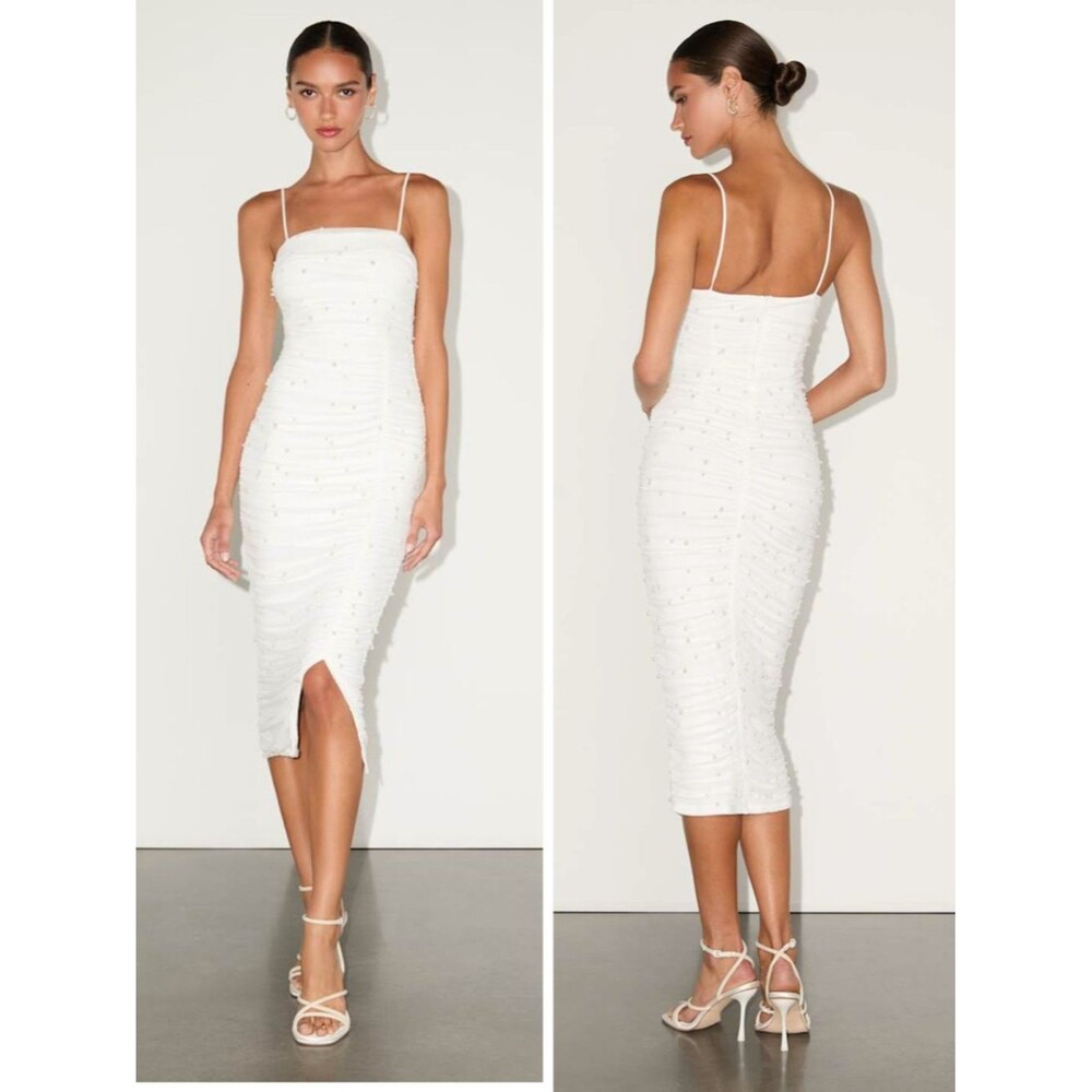 Lulus Toast to Romance White Ruched Pearl Bodycon Midi Dress Size Small Bridal